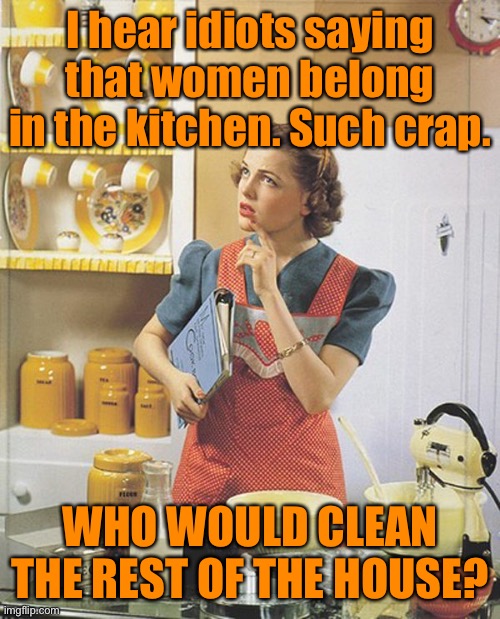 Woman in the kitchen |  I hear idiots saying that women belong in the kitchen. Such crap. WHO WOULD CLEAN THE REST OF THE HOUSE? | image tagged in woman in the kitchen,belong in kitchen,crap,who cleans,rest of house,fun | made w/ Imgflip meme maker