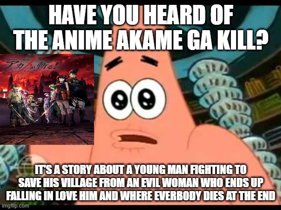 Patrick's true story |  HAVE YOU HEARD OF THE ANIME AKAME GA KILL? IT'S A STORY ABOUT A YOUNG MAN FIGHTING TO SAVE HIS VILLAGE FROM AN EVIL WOMAN WHO ENDS UP FALLING IN LOVE HIM AND WHERE EVERBODY DIES AT THE END | image tagged in memes,patrick says,anime meme,akame ga kill | made w/ Imgflip meme maker