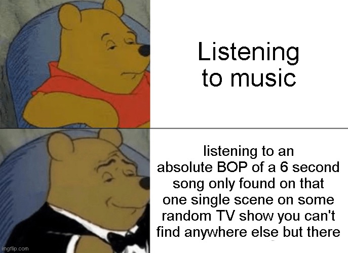 Music on shows be like: | Listening to music; listening to an absolute BOP of a 6 second song only found on that one single scene on some random TV show you can't find anywhere else but there | image tagged in memes,tuxedo winnie the pooh,music,tv show | made w/ Imgflip meme maker