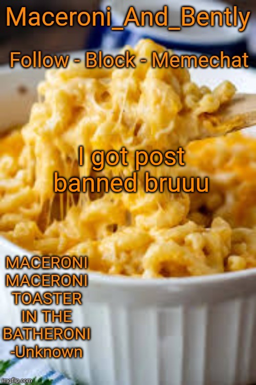 why | I got post banned bruuu | image tagged in maceroni temp | made w/ Imgflip meme maker