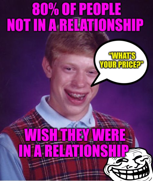 INCEL | 80% OF PEOPLE NOT IN A RELATIONSHIP; “WHAT’S YOUR PRICE?”; WISH THEY WERE IN A RELATIONSHIP | image tagged in memes,red pill,mgtow,divorce,relationships,incel | made w/ Imgflip meme maker