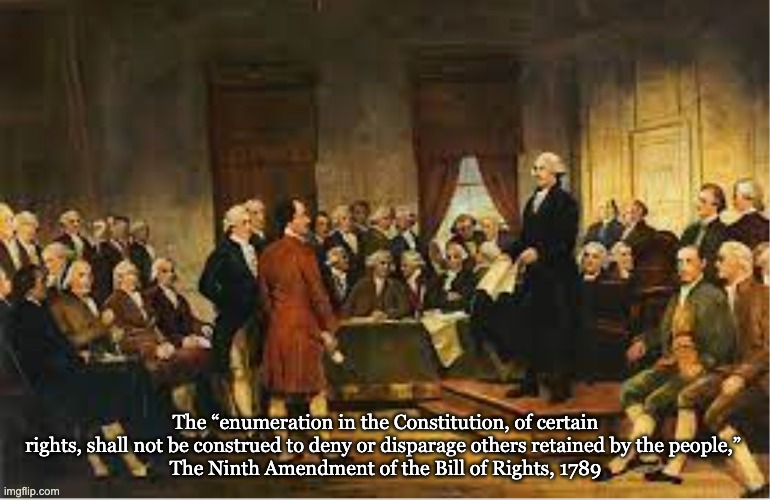 the US Constititution | The “enumeration in the Constitution, of certain rights, shall not be construed to deny or disparage others retained by the people,” 
The Ninth Amendment of the Bill of Rights, 1789 | image tagged in bill of rights | made w/ Imgflip meme maker