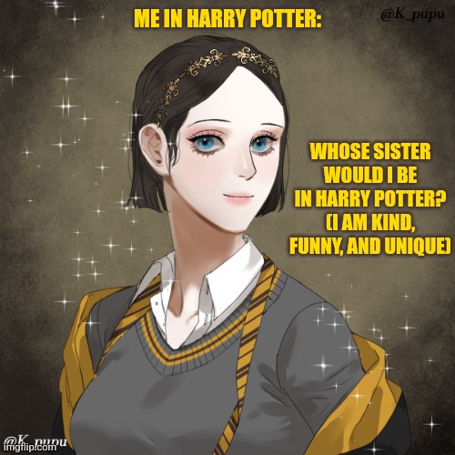 ME IN HARRY POTTER:; WHOSE SISTER WOULD I BE IN HARRY POTTER? (I AM KIND, FUNNY, AND UNIQUE) | made w/ Imgflip meme maker