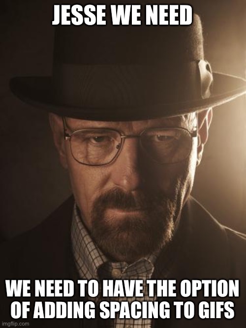 Walter White | JESSE WE NEED; WE NEED TO HAVE THE OPTION OF ADDING SPACING TO GIFS | image tagged in walter white | made w/ Imgflip meme maker
