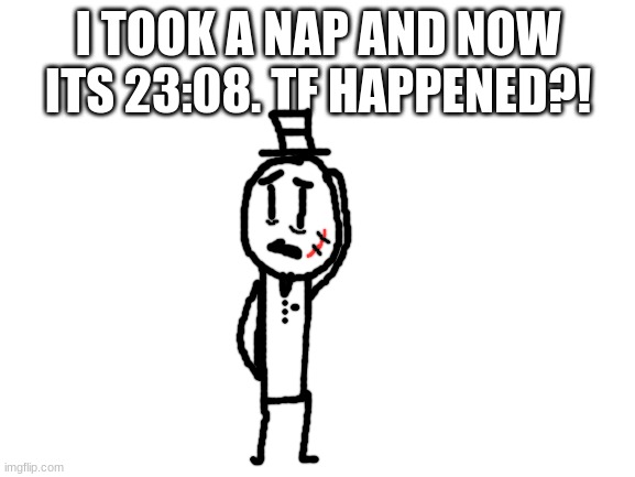 help me jehuse | I TOOK A NAP AND NOW ITS 23:08. TF HAPPENED?! | image tagged in blank white template,memes,funny,sammy,nap,help | made w/ Imgflip meme maker