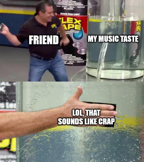 music taste meme | FRIEND; MY MUSIC TASTE; LOL, THAT SOUNDS LIKE CRAP | image tagged in flex tape,music,friend,forthelols | made w/ Imgflip meme maker