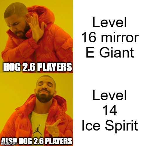 Drake Hotline Bling | Level 16 mirror E Giant; HOG 2.6 PLAYERS; Level 14 Ice Spirit; ALSO HOG 2.6 PLAYERS | image tagged in memes,drake hotline bling | made w/ Imgflip meme maker