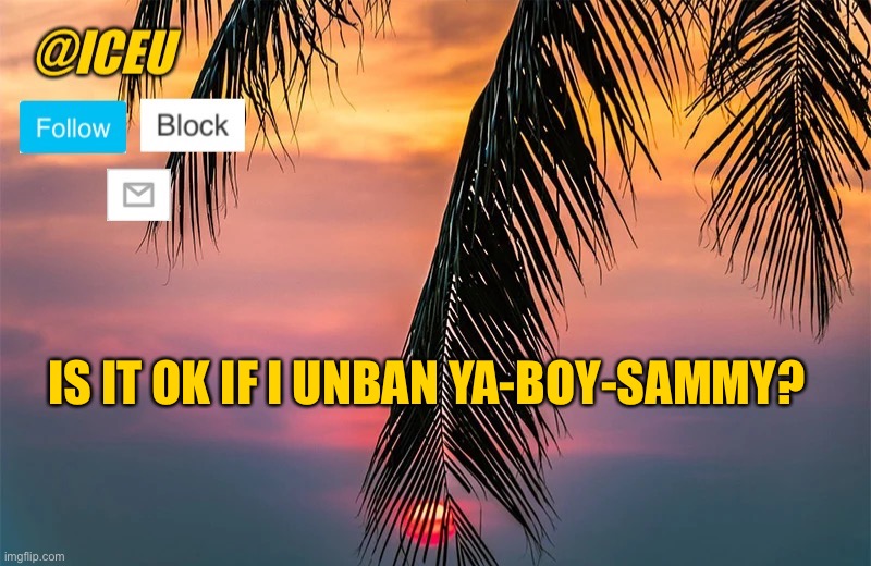 Iceu Summer 2022 Template #1 | IS IT OK IF I UNBAN YA-BOY-SAMMY? | image tagged in iceu summer template 1 | made w/ Imgflip meme maker