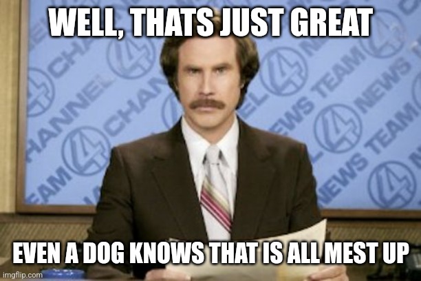 Ron Burgundy Meme | WELL, THATS JUST GREAT EVEN A DOG KNOWS THAT IS ALL MEST UP | image tagged in memes,ron burgundy | made w/ Imgflip meme maker