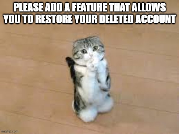 begging cat | PLEASE ADD A FEATURE THAT ALLOWS YOU TO RESTORE YOUR DELETED ACCOUNT | image tagged in begging cat,memes,president_joe_biden | made w/ Imgflip meme maker