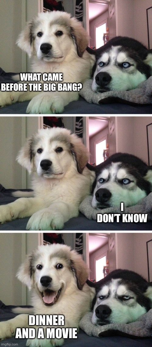 Bad pun dogs | WHAT CAME BEFORE THE BIG BANG? DINNER AND A MOVIE I DON’T KNOW | image tagged in bad pun dogs | made w/ Imgflip meme maker