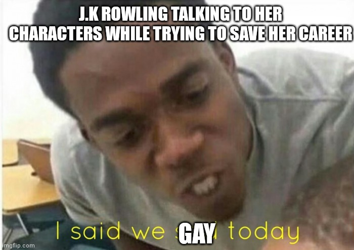 Jk Rowling Hypocrisy | J.K ROWLING TALKING TO HER CHARACTERS WHILE TRYING TO SAVE HER CAREER; GAY | image tagged in i said we ____ today,jk rowling | made w/ Imgflip meme maker