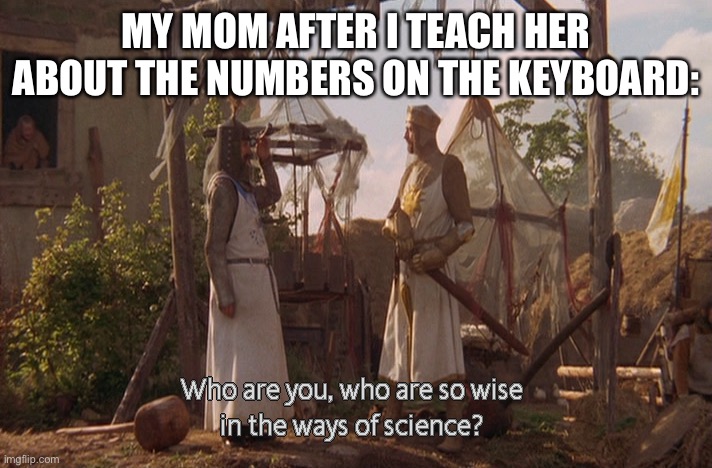Just happened LOL |  MY MOM AFTER I TEACH HER ABOUT THE NUMBERS ON THE KEYBOARD: | image tagged in who are you so wise in the ways of science,mom,technology | made w/ Imgflip meme maker