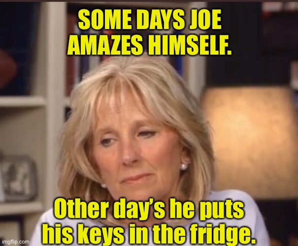 Joe amazes himself | SOME DAYS JOE AMAZES HIMSELF. Other day’s he puts his keys in the fridge. | image tagged in jill biden meme,some days,joe amazes,himself,days | made w/ Imgflip meme maker