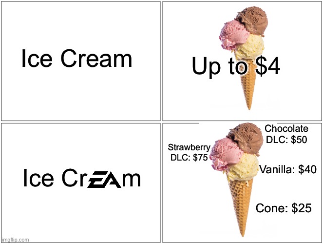Ice CrEAm | Up to $4; Ice Cream; Chocolate DLC: $50; Strawberry DLC: $75; Vanilla: $40; m; Ice Cr; Cone: $25 | image tagged in memes,gaming,funny,viral meme,viral,blank comic panel 2x2 | made w/ Imgflip meme maker