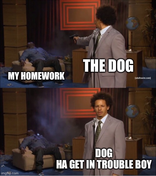 Why |  THE DOG; MY HOMEWORK; DOG
HA GET IN TROUBLE BOY | image tagged in funny | made w/ Imgflip meme maker