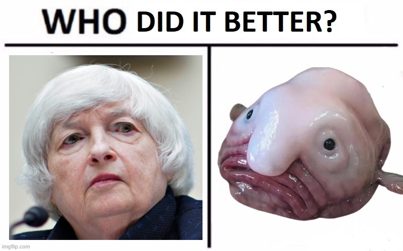Really, I'm asking, they look the same to me. | image tagged in janet yellen,blobfish | made w/ Imgflip meme maker