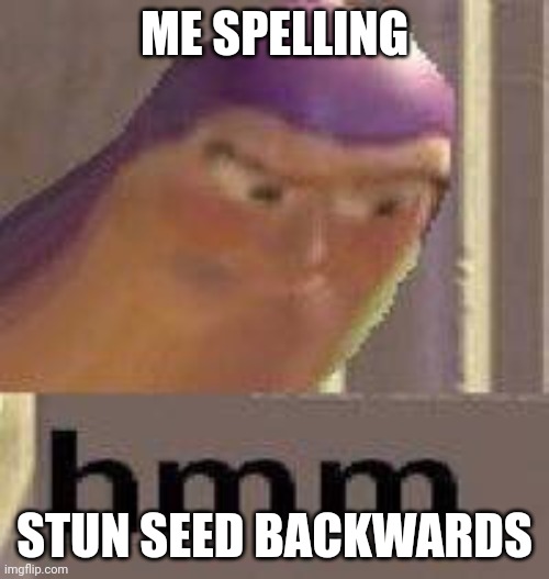 Buzz Lightyear Hmm | ME SPELLING; STUN SEED BACKWARDS | image tagged in buzz lightyear hmm | made w/ Imgflip meme maker