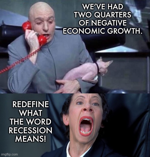 Recession | WE’VE HAD TWO QUARTERS OF NEGATIVE ECONOMIC GROWTH. REDEFINE WHAT THE WORD RECESSION MEANS! | image tagged in dr evil and frau | made w/ Imgflip meme maker