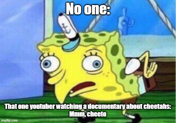 EEEEEE | No one:; That one youtuber watching a documentary about cheetahs:
Mmm, cheeto | image tagged in memes,mocking spongebob | made w/ Imgflip meme maker