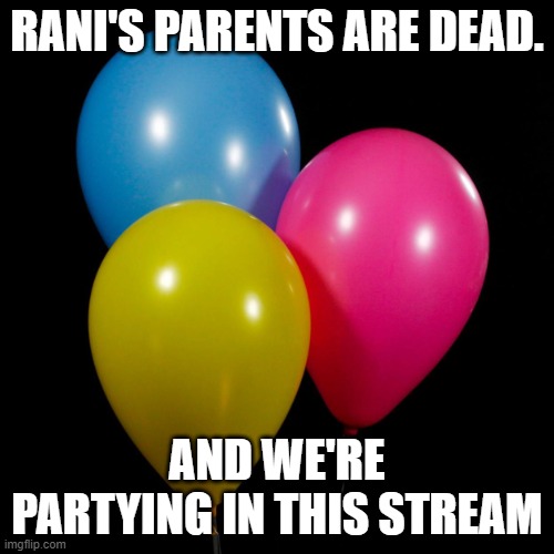 three ballons | RANI'S PARENTS ARE DEAD. AND WE'RE PARTYING IN THIS STREAM | image tagged in three ballons | made w/ Imgflip meme maker