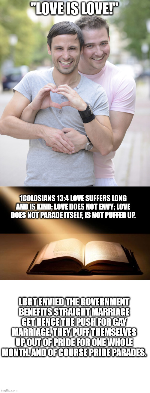 No it's not 'Love'. . .not by a long shot. | "LOVE IS LOVE!"; 1COLOSIANS 13:4 LOVE SUFFERS LONG AND IS KIND; LOVE DOES NOT ENVY; LOVE DOES NOT PARADE ITSELF, IS NOT PUFFED UP. LBGT ENVIED THE GOVERNMENT BENEFITS STRAIGHT MARRIAGE GET HENCE THE PUSH FOR GAY MARRIAGE. THEY PUFF THEMSELVES UP OUT OF PRIDE FOR ONE WHOLE MONTH. AND OF COURSE PRIDE PARADES. | image tagged in gay couple,bible,truth,lgbt,lies | made w/ Imgflip meme maker