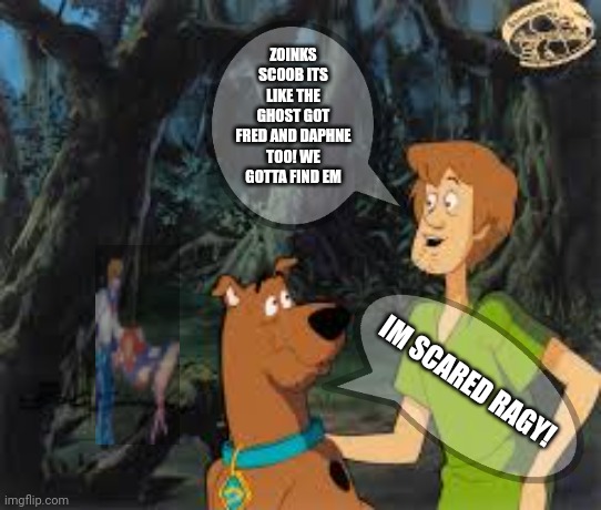 Scooby doo, cosplay, sex, | ZOINKS SCOOB ITS LIKE THE GHOST GOT FRED AND DAPHNE TOO! WE GOTTA FIND EM; IM SCARED RAGY! | image tagged in scooby doo | made w/ Imgflip meme maker