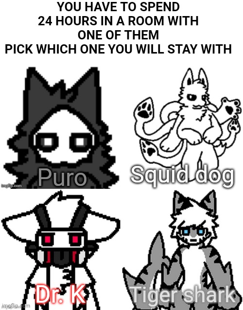 YOU HAVE TO SPEND 24 HOURS IN A ROOM WITH ONE OF THEM
PICK WHICH ONE YOU WILL STAY WITH; Squid dog; Puro; Dr. K; Tiger shark | image tagged in blank white template | made w/ Imgflip meme maker