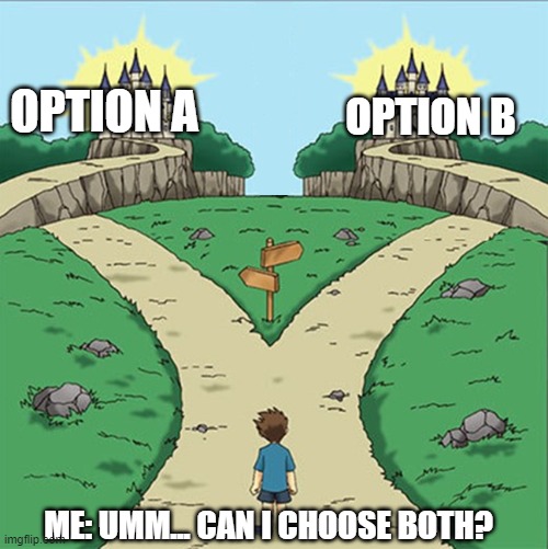 My open mind can make me see both sides of something pretty easily. | OPTION B; OPTION A; ME: UMM... CAN I CHOOSE BOTH? | image tagged in two paths,the truth,memes,funny | made w/ Imgflip meme maker