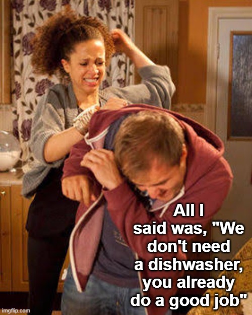 battered husband | All I said was, "We don't need a dishwasher, you already do a good job" | image tagged in battered husband | made w/ Imgflip meme maker