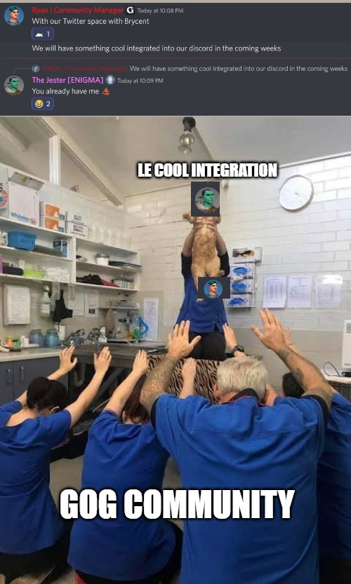 Jester Le Integration | LE COOL INTEGRATION; GOG COMMUNITY | image tagged in people worshipping the cat,guildofguardian,rpgmobilegame,stepfam | made w/ Imgflip meme maker