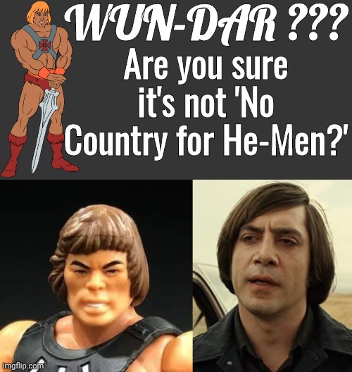 No Time For He Man | WUN-DAR ??? Are you sure it's not 'No Country for He-Men?' | image tagged in grey blank temp | made w/ Imgflip meme maker