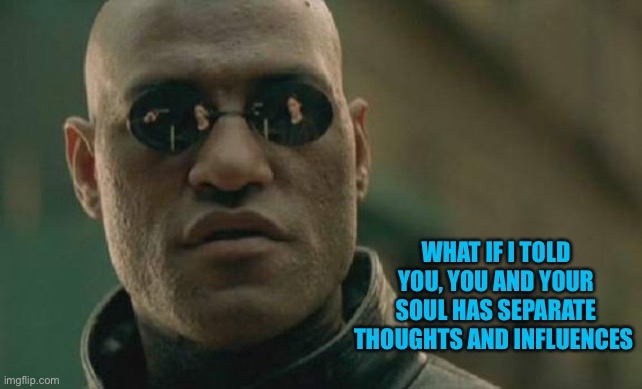 Matrix Morpheus Meme | WHAT IF I TOLD YOU, YOU AND YOUR SOUL HAS SEPARATE THOUGHTS AND INFLUENCES | image tagged in memes,matrix morpheus | made w/ Imgflip meme maker