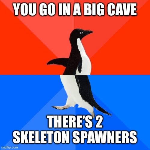 Socially Awesome Awkward Penguin | YOU GO IN A BIG CAVE; THERE’S 2 SKELETON SPAWNERS | image tagged in memes,socially awesome awkward penguin | made w/ Imgflip meme maker