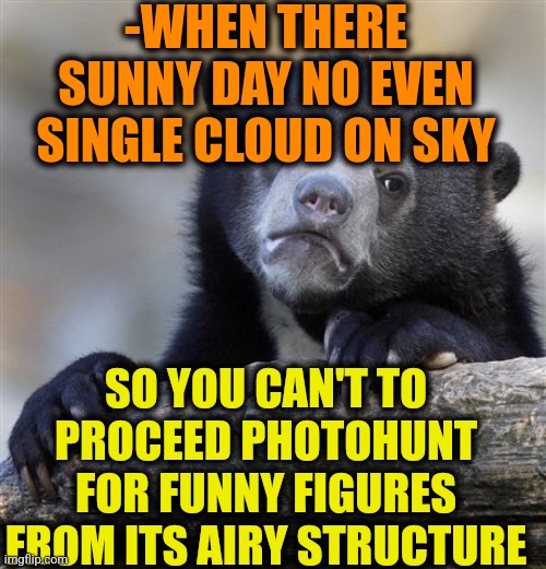 -Without doubts this is no good. | -WHEN THERE SUNNY DAY NO EVEN SINGLE CLOUD ON SKY; SO YOU CAN'T TO PROCEED PHOTOHUNT FOR FUNNY FIGURES FROM ITS AIRY STRUCTURE | image tagged in memes,confession bear,sky,always sunny,photography,mushroom cloud | made w/ Imgflip meme maker