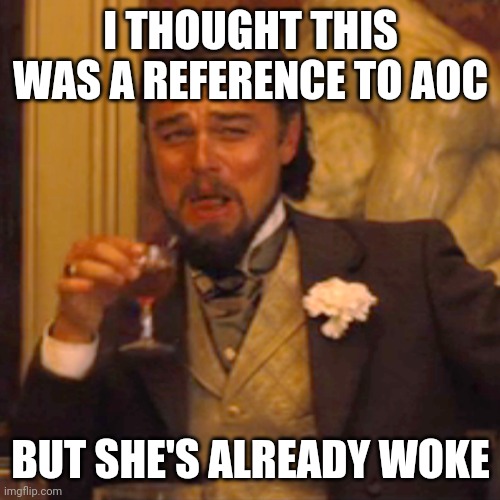 Laughing Leo Meme | I THOUGHT THIS WAS A REFERENCE TO AOC BUT SHE'S ALREADY WOKE | image tagged in memes,laughing leo | made w/ Imgflip meme maker