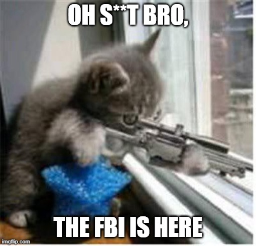 Don't let them in | OH S**T BRO, THE FBI IS HERE | image tagged in cats with guns | made w/ Imgflip meme maker