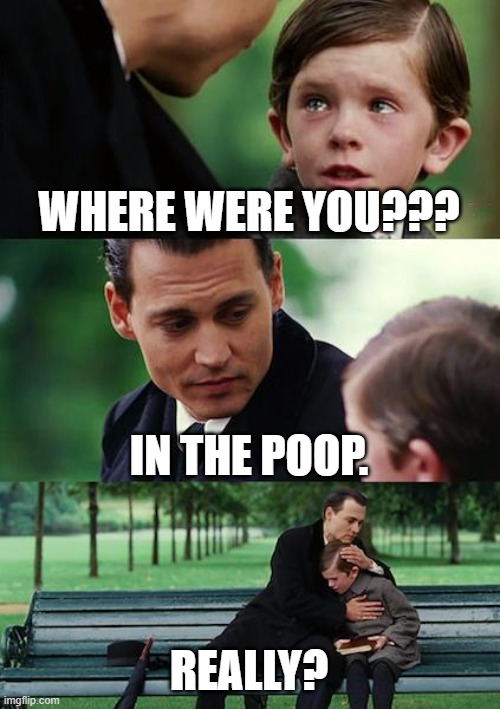 Finding Neverland Meme | WHERE WERE YOU??? IN THE POOP. REALLY? | image tagged in memes,finding neverland,poop | made w/ Imgflip meme maker