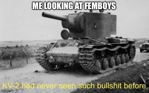 ME LOOKING AT FEMBOYS | image tagged in kv-2 had never seen such bullshit before,femboy | made w/ Imgflip meme maker