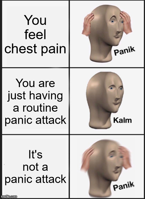 anxiety meme | You feel chest pain; You are just having a routine panic attack; It's not a panic attack | image tagged in memes,panik kalm panik,anxiety,panicattack,funny | made w/ Imgflip meme maker