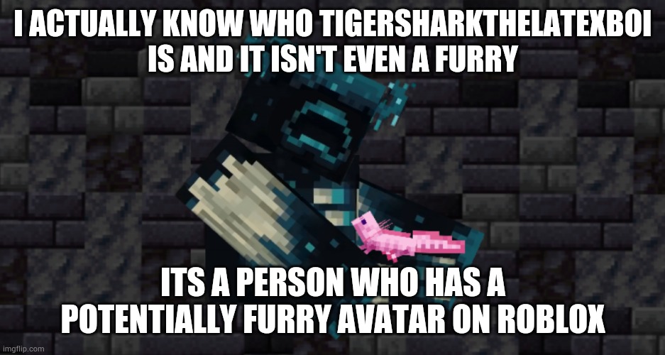 I ACTUALLY KNOW WHO TIGERSHARKTHELATEXBOI IS AND IT ISN'T EVEN A FURRY; ITS A PERSON WHO HAS A POTENTIALLY FURRY AVATAR ON ROBLOX | image tagged in the warden and an axolotl | made w/ Imgflip meme maker