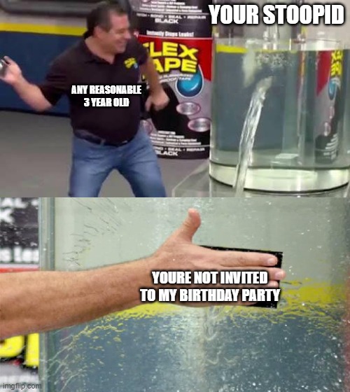 Flex Tape | YOUR STOOPID; ANY REASONABLE 3 YEAR OLD; YOURE NOT INVITED TO MY BIRTHDAY PARTY | image tagged in flex tape | made w/ Imgflip meme maker