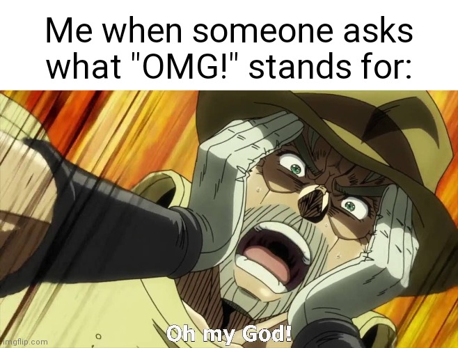 I love anti memes :) | Me when someone asks what "OMG!" stands for: | image tagged in jojo oh my god,jojo's bizarre adventure,anti meme | made w/ Imgflip meme maker