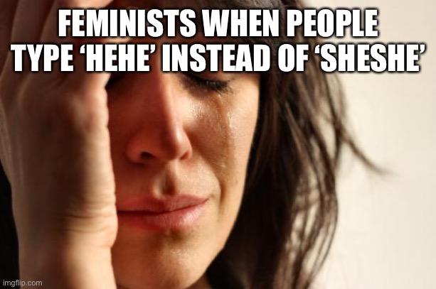 First World Problems | FEMINISTS WHEN PEOPLE TYPE ‘HEHE’ INSTEAD OF ‘SHESHE’ | image tagged in memes,first world problems | made w/ Imgflip meme maker