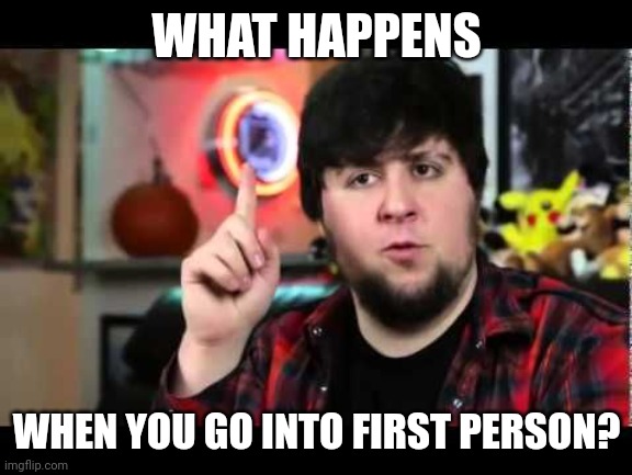 JonTron I have several questions | WHAT HAPPENS WHEN YOU GO INTO FIRST PERSON? | image tagged in jontron i have several questions | made w/ Imgflip meme maker