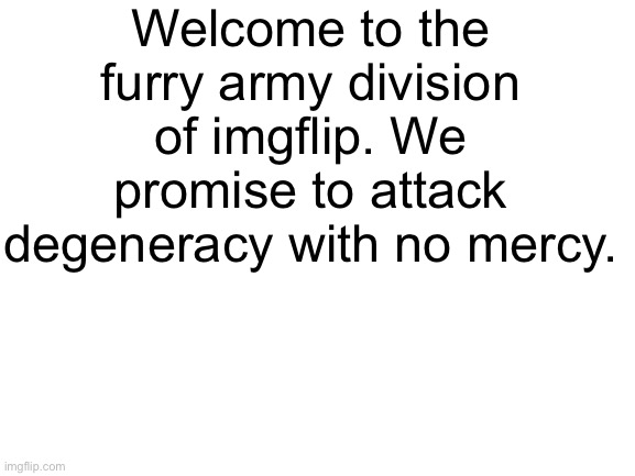 Blank White Template | Welcome to the furry army division of imgflip. We promise to attack degeneracy with no mercy. | image tagged in blank white template | made w/ Imgflip meme maker