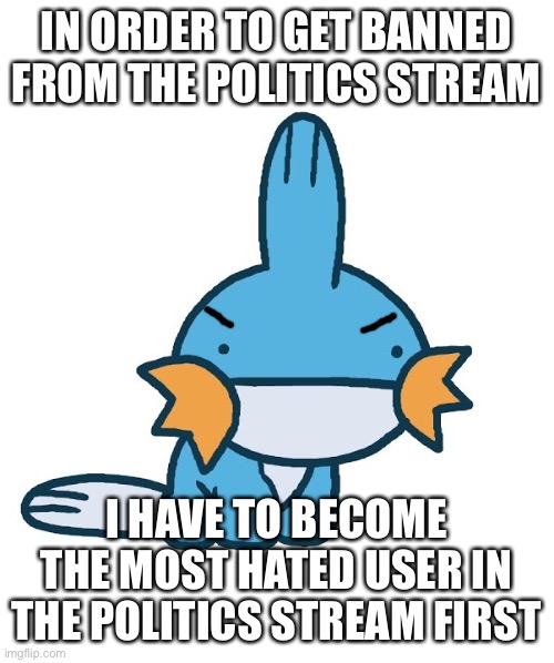 IN ORDER TO GET BANNED FROM THE POLITICS STREAM; I HAVE TO BECOME THE MOST HATED USER IN THE POLITICS STREAM FIRST | made w/ Imgflip meme maker