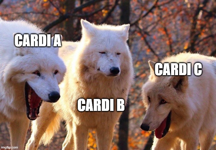 cardi ABC |  CARDI A; CARDI C; CARDI B | image tagged in 2/3 wolves laugh,cardi b,cardi a,cardi c | made w/ Imgflip meme maker