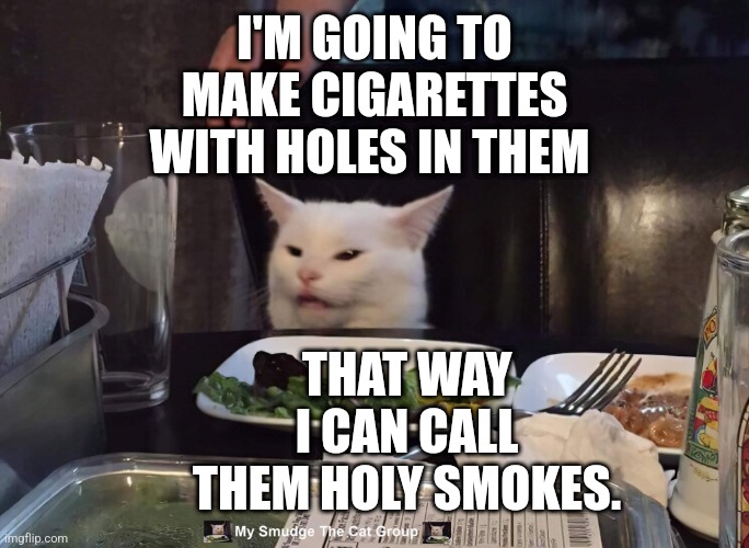 I'M GOING TO MAKE CIGARETTES WITH HOLES IN THEM; THAT WAY I CAN CALL THEM HOLY SMOKES. | image tagged in smudge the cat | made w/ Imgflip meme maker