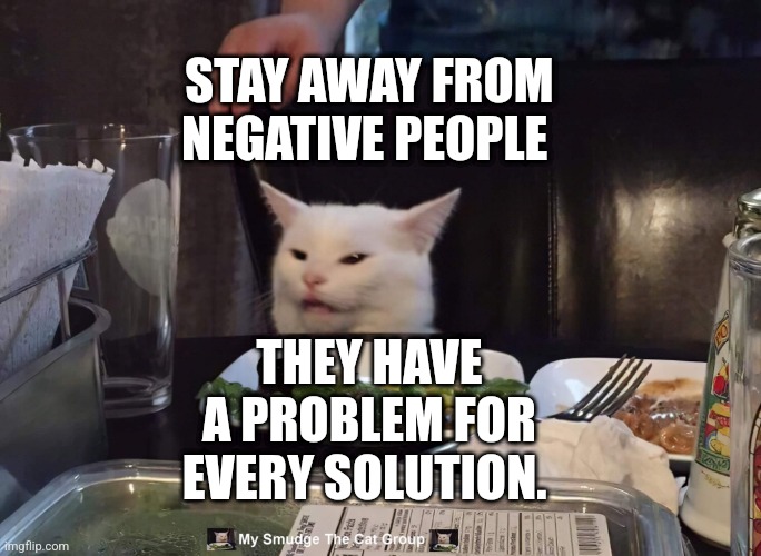 STAY AWAY FROM NEGATIVE PEOPLE; THEY HAVE A PROBLEM FOR EVERY SOLUTION. | image tagged in smudge the cat | made w/ Imgflip meme maker